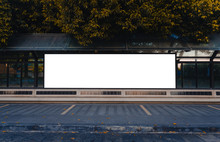 Big Blank Billboard White LED Screen Horizontal Outstanding In The Park At City On Pathway Walking At Side The Road For Display Advertisement Text Template Promotion New Brand At Outdoor Ad.