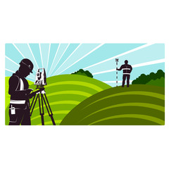 surveyors with a geodimeter working on a green field
