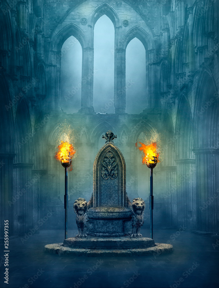 Fantasy medieval scene with a throne and tourches - obrazy, fototapety, plakaty 