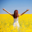 © Dmytro Sunagatov - People freedom success concept. Happy woman in the field with flowers at sunny day in the countryside. Nature beauty background, blue sky and yellow flowers. Outdoor lifestyle.
