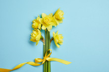 Top View Of Beautiful Bouquet Of Yellow Daffodils With Yellow Ribbon On Blue