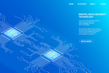 Leinwandbilder - Digital Isometric CPU Microprocessor UI Security Storage System Data Access Protection Gadgets.Abstract Scifi Authentication Futuristic Circuit Board Panel Element Illustration Background.