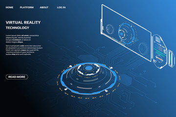 Poster - UI Futuristic Isometric 3D Technology Big Data Communication Transfer Concept. Scifi Display Gadget Virtual Reality Monitoring System Element For Web, Game, App Illustration