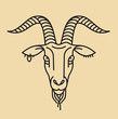 Emblem, badge with a goat's head in the style of linear engravings, armorial symbols. Capricorn zodiac sign.