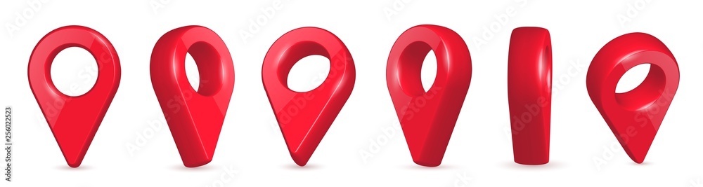 Creative vector illustration of locator, pin realistic 3d map pointers in various angle isolated on transparent background. Art design location symbols template. Abstract concept navigation element - obrazy, fototapety, plakaty 