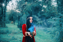 A Beautiful Witch Has Prepared A Love Drink. The Cup Produces Magical Blue Smoke. A Woman Is Trying To Bewitch. Oriental Beauty In The National Turkish Costume. Cold Forest Background In Blue Tones