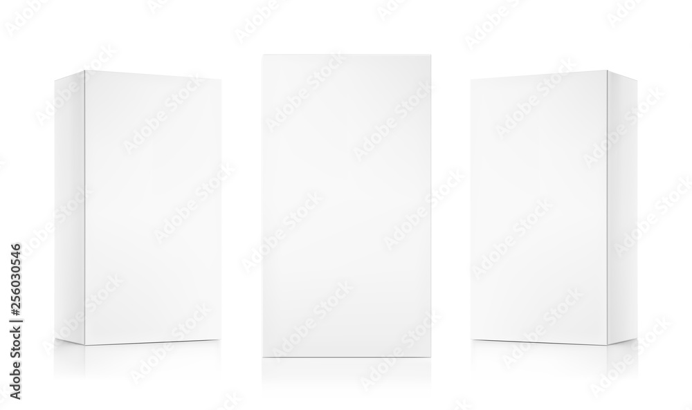 Realistic cardboard boxes mockup set. Front and perspective views. Vector illustration isolated on white background. Can be use for food, medicine, cosmetic and etc. Ready for your design. EPS10.	 - obrazy, fototapety, plakaty 