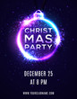 Christmas party background or poster template. Brochure flyer banner design. Xmas disco dancing music party invitation in 80s neon style with particles light flashes stars. Bright vector illustration.
