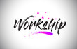 Workship Handwritten Word Font with Vibrant Violet Purple Stars and Confetti Vector.