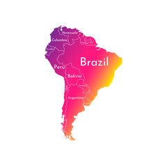 Wall Mural - Vector illustration with map of South America continent. Trendy gradient color silhouettes, white background. Text with names of independent states