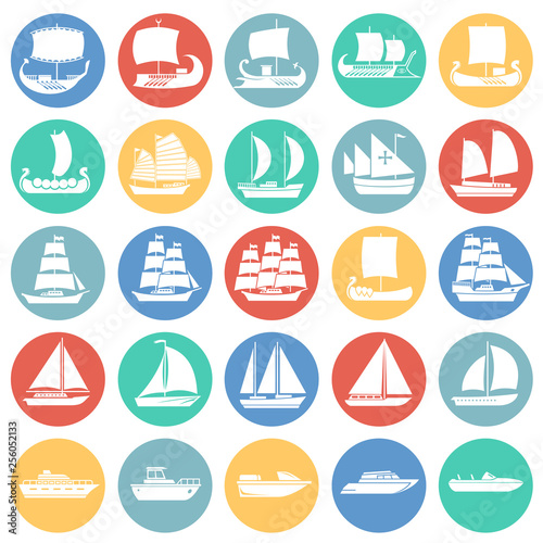 Fotomural Ship icons set on color circles background for graphic and web design