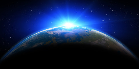 planet earth with blue sunrise, view of earth from space