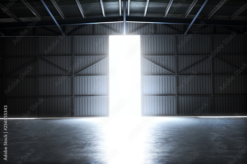 Empty building hangar with the door open with room for text or copy space. 3d rendering interior - obrazy, fototapety, plakaty 