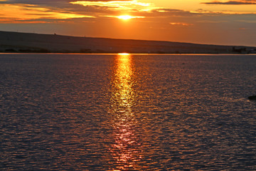 Wall Mural - Fleet Basin and Chesil Bank at sunset