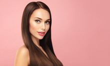 Beautiful Brown Hair Model Face Portrait. Elegant Attractive Woman With Pergect Skin And Natural Make Up Against Pink Bacground. Beauty Salin And Cosmetics Concept. Banner With Copy Space.