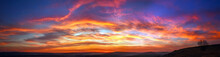Panorama Colorful Magnificent Sunset In Countryside Above Hills And Fields, Beauty Nature Background