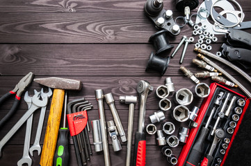 Wall Mural - tools and auto spare parts on wooden workbench. copy space