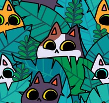 Seamless Cat Pattern. Cartoon Animals Background. Ideal For Fabric, Wallpaper, Wrapping Paper, Textile, T-shirt Print.