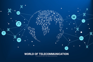 Poster - Vector Polygon antenna tower icon connect line to world map shape. Concept for international telecom service and network.