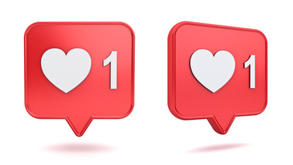 Poster - 3d red social media notification love like heart in red rounded square pin icon isolated on white background with shadow 3D rendering