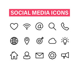 Wall Mural - Social media linear icons set. Icons for business, banking, contact, social media, technology, seo. Line web and mobile icons collection.
