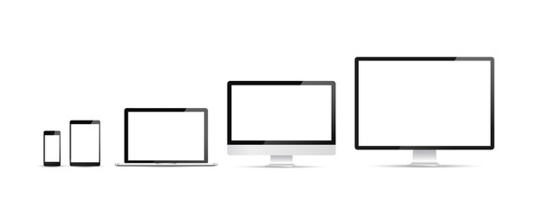 Poster - electronic devices, web design vector template with laptop, tablet, smartphone, computer. flat desig