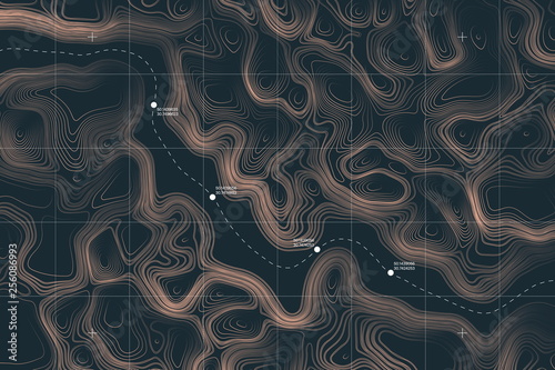 Fotografía View From Above Alien Terrain Conceptual Vector Topographic Map With Route And Coordinates User Interface Abstract Background