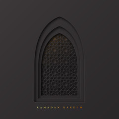 Wall Mural - Ramadan Kareem greeting background. 3d paper cut arabic window decorated pattern in traditional islamic style. Design for greeting card, banner or poster. Vector illustration.