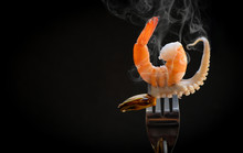 Shrimp On Fork / Cooked Seafood Shrimps Prawns Mussel Squid Tentacles Of Octopus Ocean Gourmet Dinner