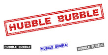 Grunge HUBBLE BUBBLE Rectangle Stamp Seals Isolated On A White Background. Rectangular Seals With Grunge Texture In Red, Blue, Black And Gray Colors.