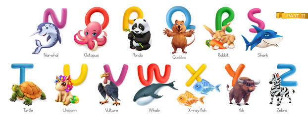  Alfabet zoo. Śmieszne zwierzęta, 3d wektor zestaw ikon. Litery N - Z Część 2. Narwhal, ośmiornica, panda, quokka, królik, rekin, żółw, jednorożec, sęp, wieloryb, x-ray, jak, zebra