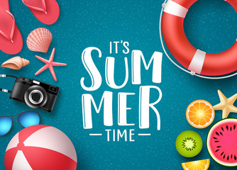 Wall Mural - It's summer time vector banner design with text and summer elements like beach ball, seashells and fruits in blue textured background. Vector illustration.