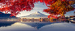 canvas print picture - Colorful Autumn Season and Mountain Fuji with morning fog and red leaves at lake Kawaguchiko is one of the best places in Japan