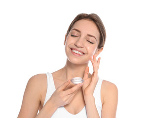 Sticker - Portrait of young woman with jar of cream on white background. Beauty and body care