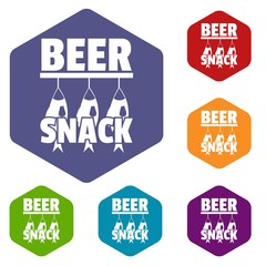 Wall Mural - Beer snack icons vector colorful hexahedron set collection isolated on white 