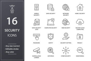 Aufkleber - Security line icons set. Black vector illustration. Editable stroke.  