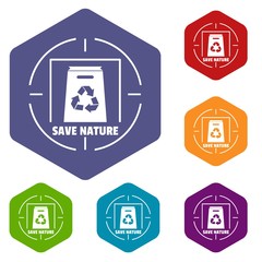Poster - Waste recycling icons vector colorful hexahedron set collection isolated on white 