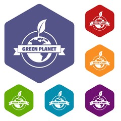 Poster - Green planet icons vector colorful hexahedron set collection isolated on white 