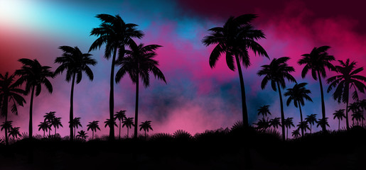 Sticker - Night landscape with stars, sunset, stars. Silhouette coconut palm trees Vintage tone. Lights of the night city, neon, coast.
