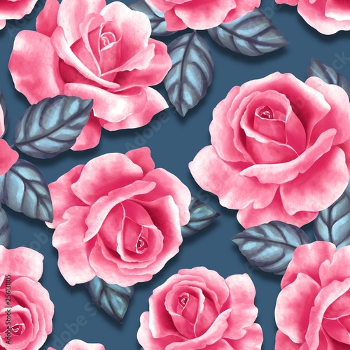 Seamless pattern with flowers and leaves. Delicate floral background with roses