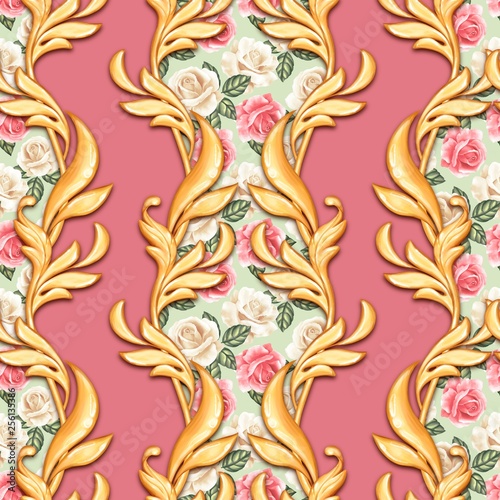 Seamless baroque pattern with roses and golden scrolls