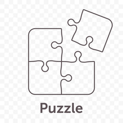 Poster - Puzzle vector icon of four pieces. Jigsaw game icon concept isolated on white background