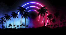 Night Landscape With Stars, Sunset, Stars. Silhouette Coconut Palm Trees Vintage Tone. Lights Of The Night City, Neon, Coast.