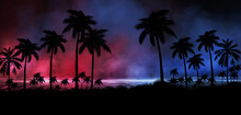 Night Landscape With Stars, Sunset, Stars. Silhouette Coconut Palm Trees Vintage Tone. Lights Of The Night City, Neon, Coast.