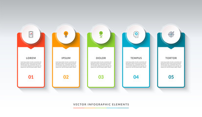 Infographic banner with 5 circles and tabs. Can be used as a diagram, graph, chart. Vector template for business infographics with place for text and icons