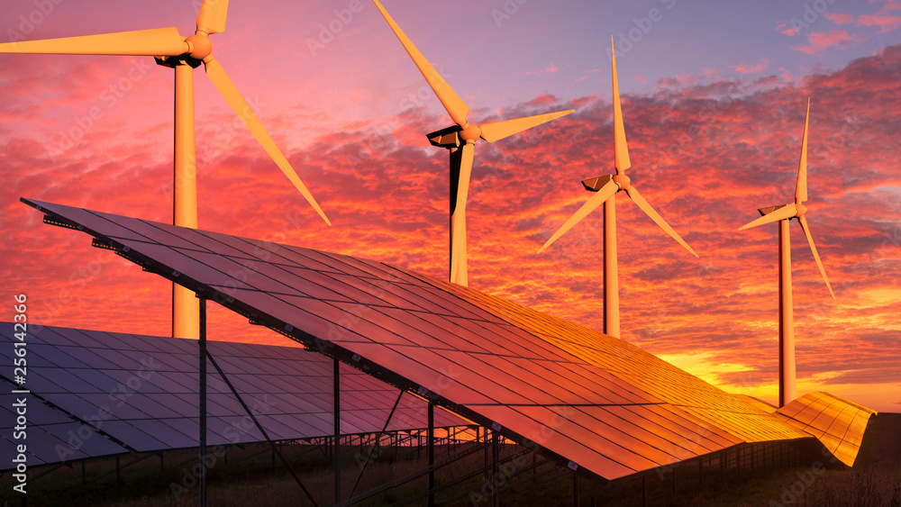 clean energy concept, photovoltaic panels and wind turbines in the light of the rising sun - obrazy, fototapety, plakaty 