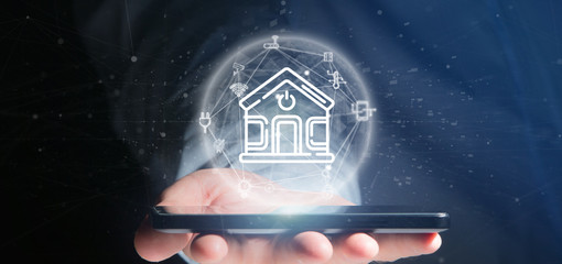 Poster - businessman holding smart home interface with icon, stats and data 3d rendering