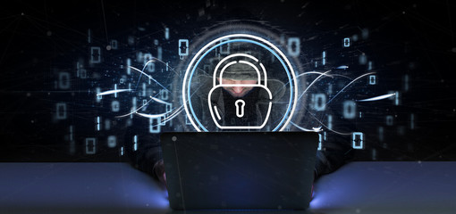 Poster - Hacker man holding Security padlock wheel icon with stats and binary code 3d rendering