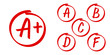 School grade results vector icons. Letters and plus grades marks in red circle