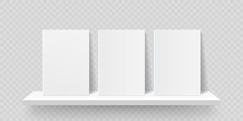 Book shelf mockup. Vector bookshelf wall with blank book front covers, brochure gallery shop shelves template